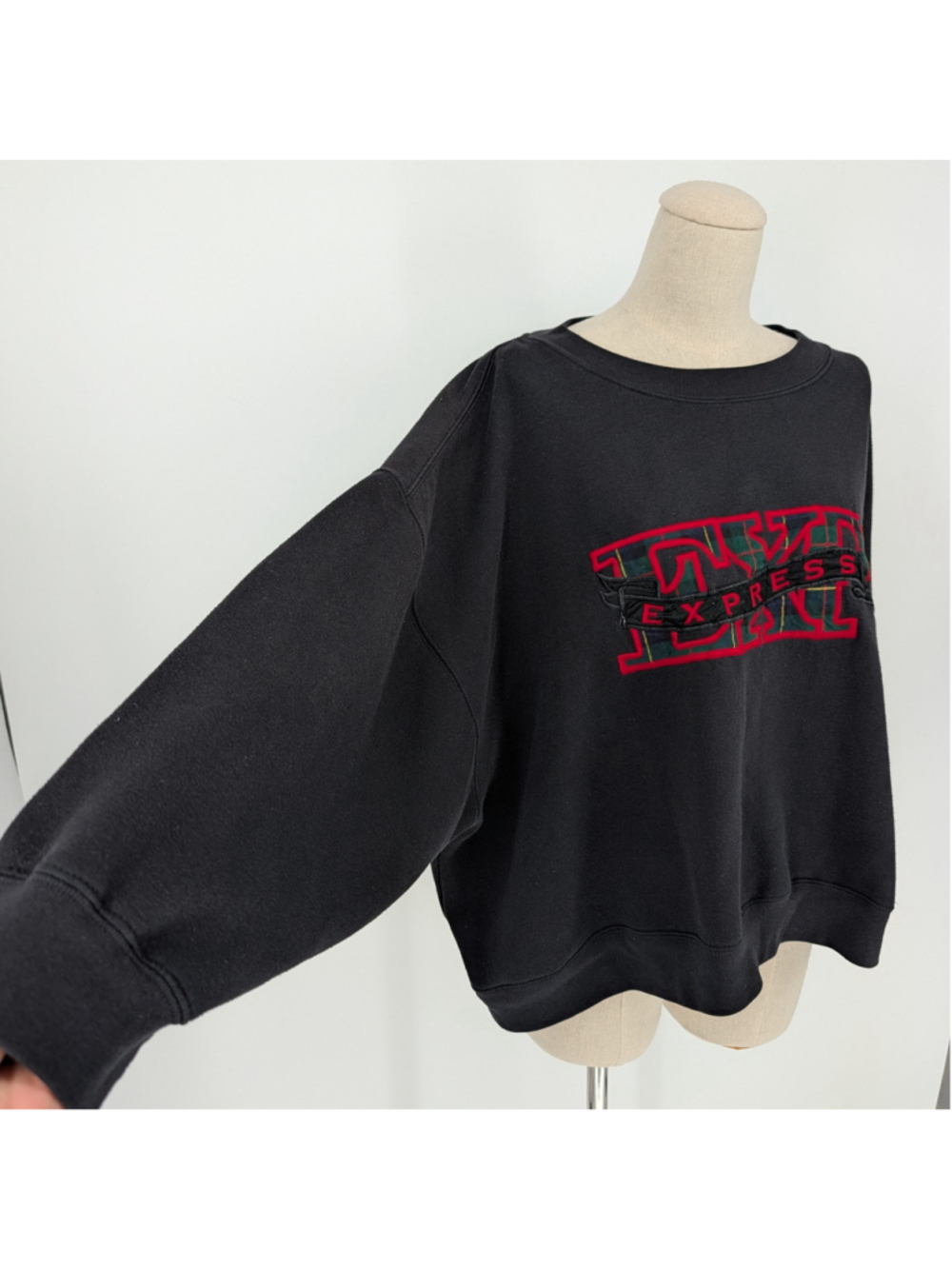 Vintage 90s Express Athletique Sweatshirt L Black Plaid Embroidered Logo